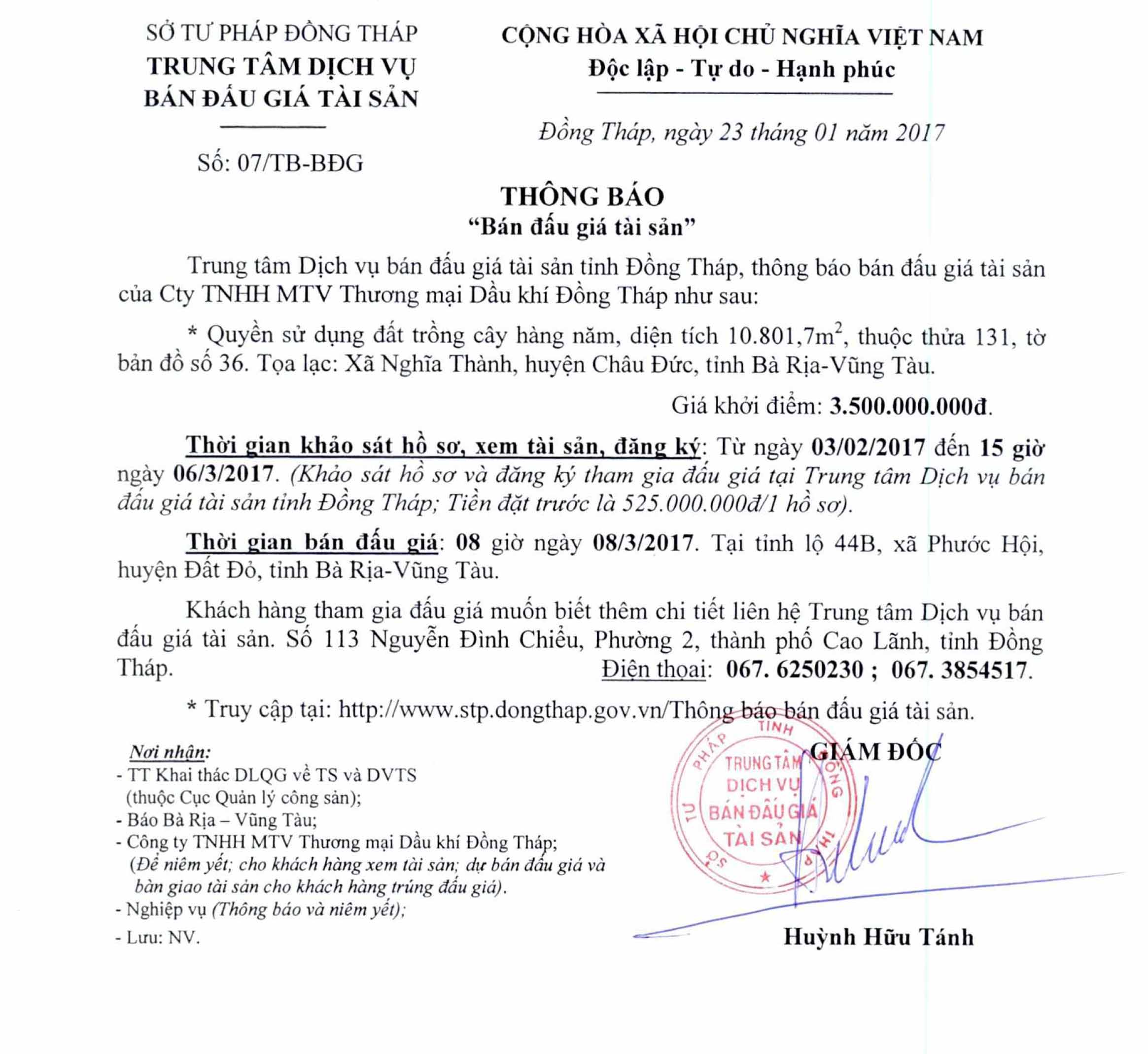 Thông báo bán đấu giá tài sản của công ty tnhh mtv thương mại dầu khí đồng tháp. (08/02/2017) Thông báo bán đấu giá tài sản của công ty tnhh mtv thương mại dầu khí đồng tháp. (08/02/2017)