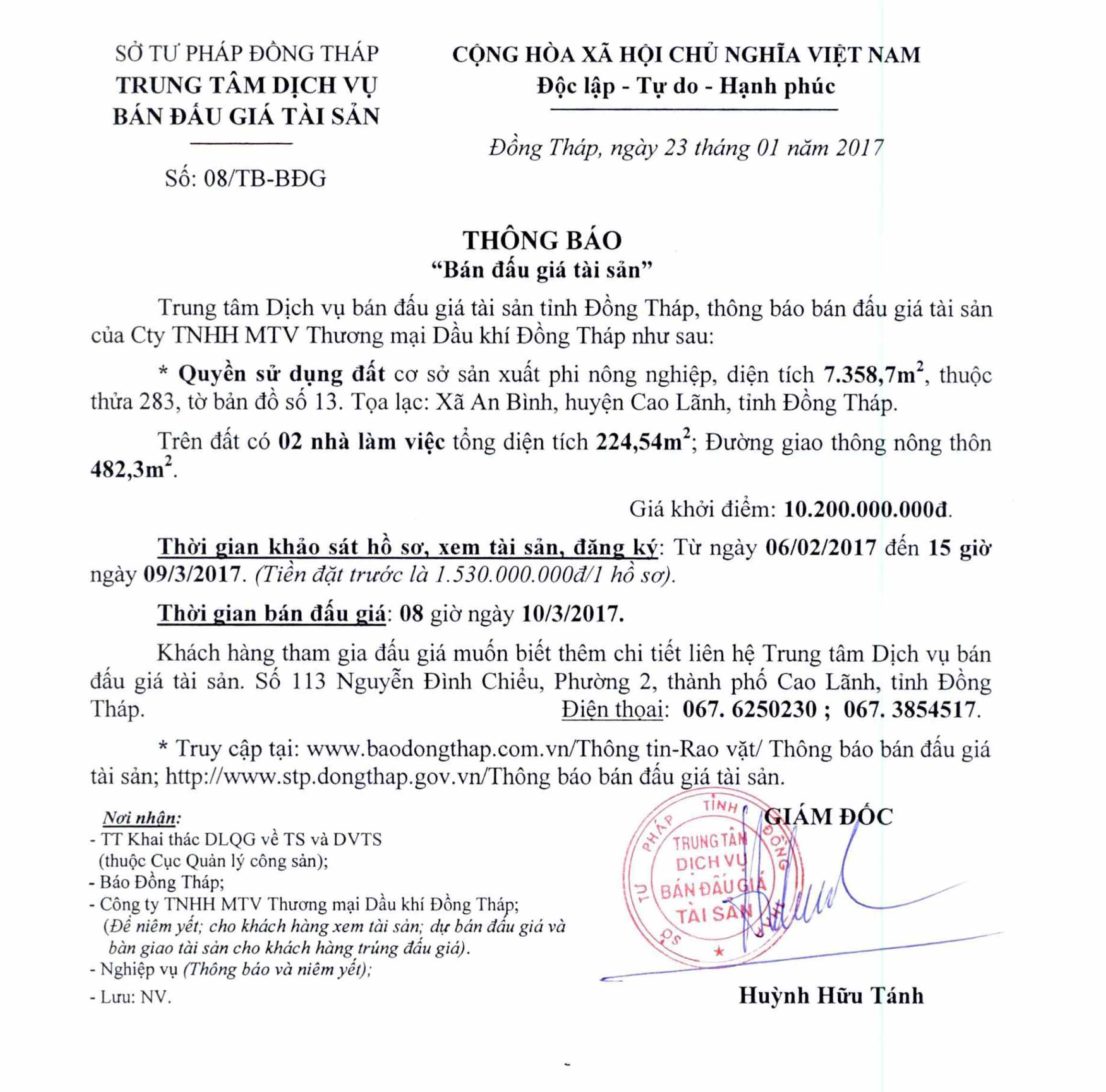 Thông báo bán đấu giá tài sản của công ty tnhh mtv thương mại dầu khí đồng tháp. (08/02/2017) Thông báo bán đấu giá tài sản của công ty tnhh mtv thương mại dầu khí đồng tháp. (08/02/2017)