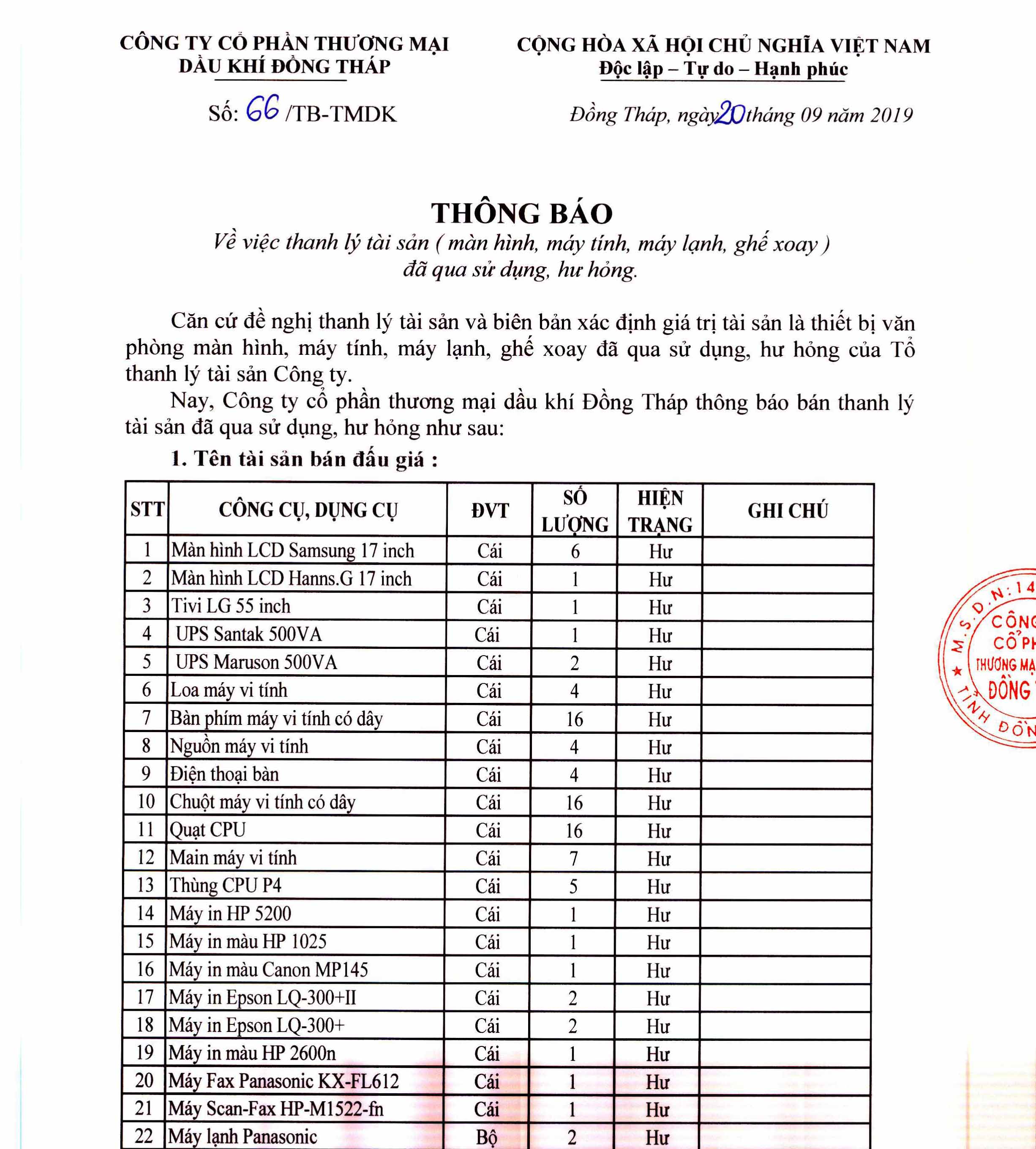 Thông báo thanh lý tài sản (20/09/2019) Thông báo thanh lý tài sản (20/09/2019)