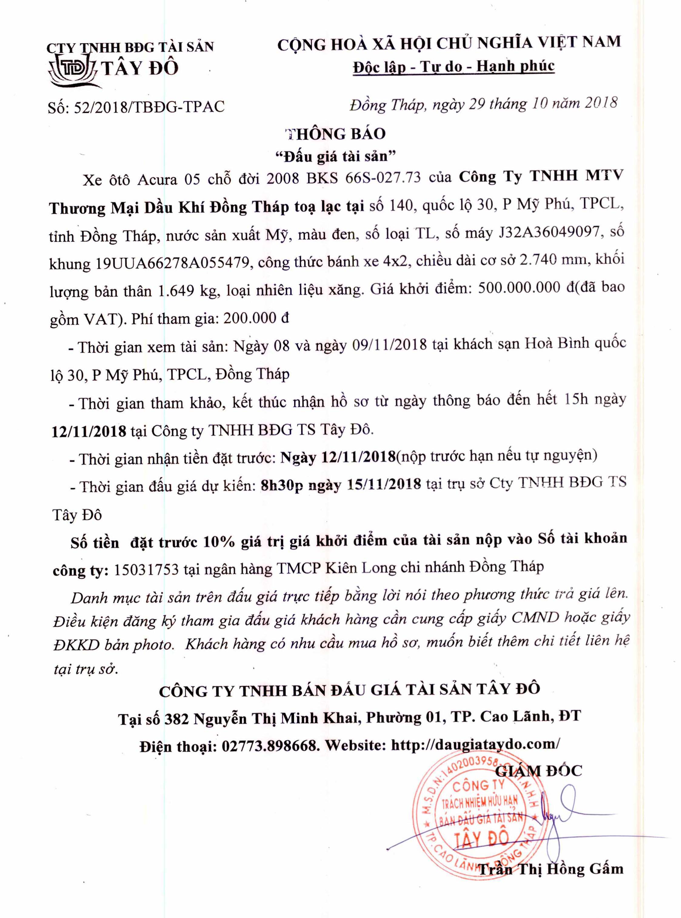 Thông báo đấu giá tài sản xe ô tô đã qua sử dụng (29/10/2018) Thông báo đấu giá tài sản xe ô tô đã qua sử dụng (29/10/2018)