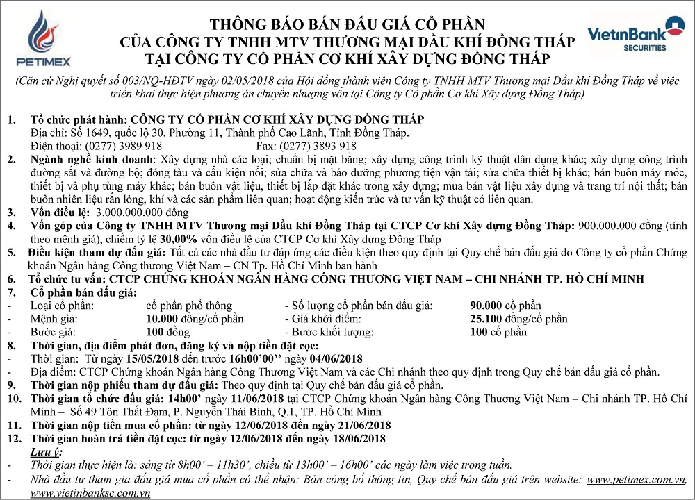 Thông báo bán đấu giá cổ phần
của công ty tnhh mtv thương mại dầu khí đồng tháp
tại công ty cổ phần cơ khí xây dựng đồng tháp
 (16/05/2018)
